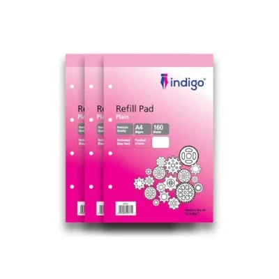 Image of indigo® A4 Refill Pad 160 Pages Headbound Perforated Punched Hole (Plain, Pack 3)