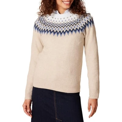 Image of Amazon Essentials Women&#039;s Soft Touch Crewneck Fair Isle Pattern Jumper, Blue Taupe Heather White Isle, XXL