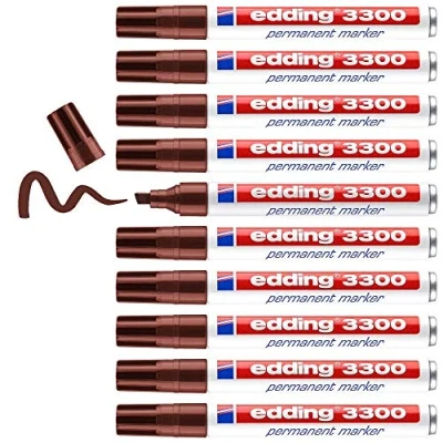 Image of edding 3300 permanent marker brown box of 10 chisel tip 1 5 mm quick drying markers waterproof, smudge proof for cardboard, plastic, wood, metal, fabric pens