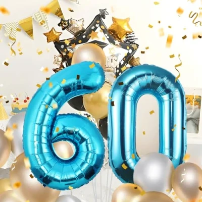 Image of 60thNumber 60 Balloons 60,Blue Balloon 40 Inch Giant Helium Foil Number for Men Women 60th Birthday Party Decor Anniversary Decorations Supplies