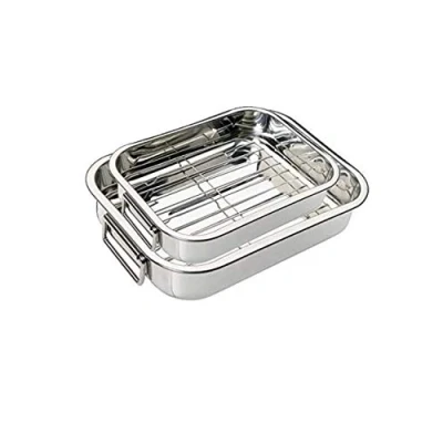 Image of New 30cm, 32cm, 2 Pcs Professional Stainless Steel Roasting Tray with Removable Rack Pan Oval Kitchen Cooking Baking Sturdy Handles Built to Last for Years Oven Grill