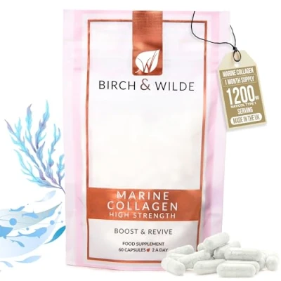 Image of Birch &amp; Wilde Marine Collagen Peptides for Beautiful Skin Hair and Bones Joints Made from Sustainable Resources Halal Kosher Approved in UK (Refill 60 Capsules)