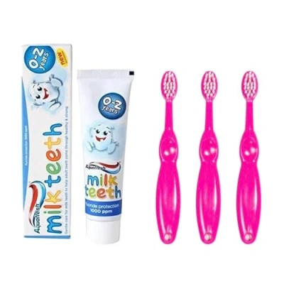 Image of Milk Teeth Toothpaste (0 2 Years, 50ml) with First Steps Baby Toothbrush Set (3 Pack, Blue/Pink) &amp; Sanitral Tube Squeezer (2 Pcs) (Pink)