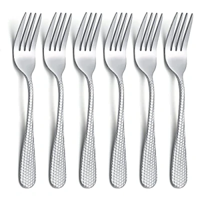 Image of Evanda 14cm Dessert Forks 6 Pieces, Stainless Steel Pastry Set, Vintage Elegant Special Hammered Handle Mini Cake for Home, Wedding, Party, Cafe, Restaurant, Dishwasher Safe.