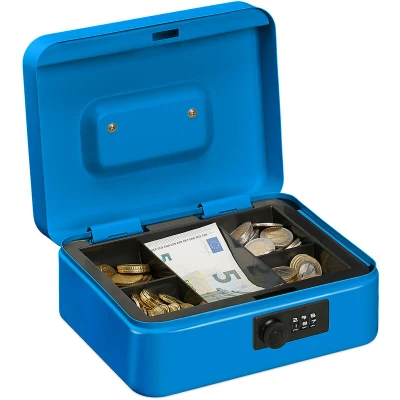 Image of Relaxdays Cash Box, Coin Counter Tray Combination Lock Change &amp; Notes, Steel, H x W D: 8.5 20 17 cm, Blue, 60% Iron 30% Plastic 10%