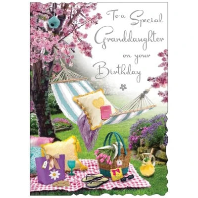 Image of Jonny Javelin Special Granddaughter Birthday Card Happy with Cherry Blossom Picnic and Hammock Design an Embossed Foil Finish for Women