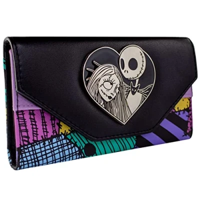 Image of Nightmare Before Christmas Jack Sally Patchwork Emblem Purse Envelope Coin Pocket &amp; Card Holder, Black