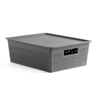 Image of TATAY Set of 12L Rectangular Bohol Organizer Box and Lid, Polypropylene, BPA Free, 100% Recycled Plastic, Anthracite Grey, Measures 30.5 x 39.5 13.5 cm
