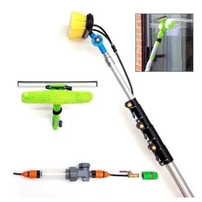 Image of 16ft 20ft 24ft Telescopic Water Fed Window Cleaning Pole, Solar Panel Conservatory Cleaner, High Reach Extendable Hose Extended Brush Tool Kit
