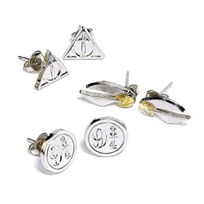 Image of The Carat Shop Official Harry Potter Stud Earring Set Snitch/Deathly Hallows/Platform 9 3/4