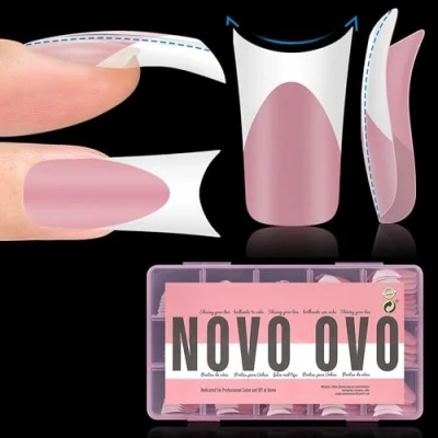 Image of NOVO OVO White French Tip Duck Feet Nail Tips Full Cover for Press on Acrylic with Moon Curve, Thick Medim Long Pre Etched Matter Flare Wide Soft Gel Fake False Extension x 15 Sizes 150 pcs