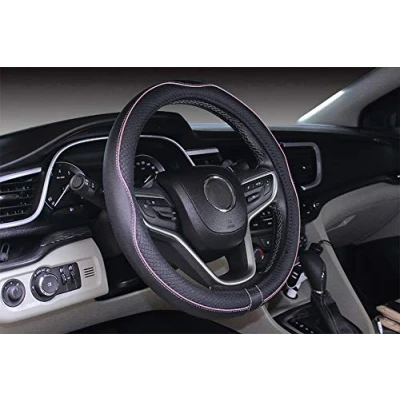 Image of Istn Microfiber Leather Car Steering Wheel Cover Universal 15 inch/38cm Breathable Anti slip Protector for Auto/SUV (Black Pink)