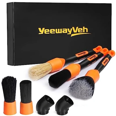 Image of YeewayVeh Car Detailing Brush Set, 5Pcs Brushes with 2 Elbow, 2pcs Boars Hair, 1pc Ultra Soft Detail for Dashboard Air vent Leather Seat, Cleaning Interior Exterior