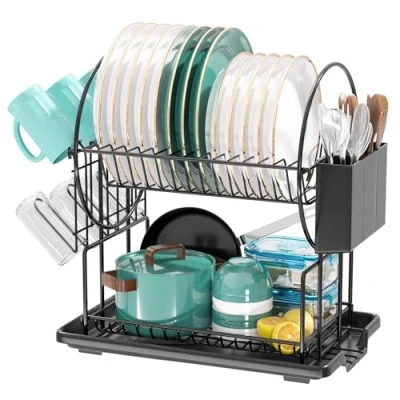 Image of 2 Tier Black Dish drainer Rack with Drip Tray, Stainless Steel Draining Board and Utensils Holder, Drying for Small Kitchen Countertop