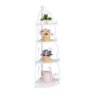 Image of Relaxdays Corner Shelf, Metal, 4 Compartments, Flower, Plant Stand, Foldable, HxWxD: 113 x 30 cm, Vintage, White, Steel