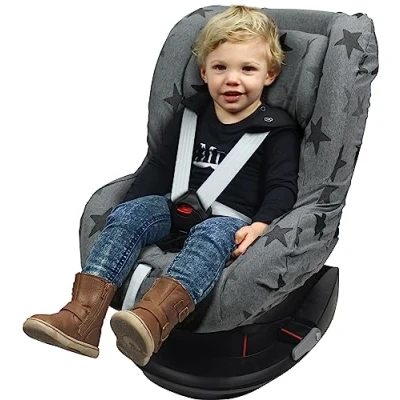 Image of Dooky Seat Cover, Separate Headrest Cover Included, Universal Size, Fits Most Baby Car Seats with 5 Point Belts, 95 Percent Cotton and Lycra, Washable, Group 1+ yrs (9 18 kg), Grey Stars