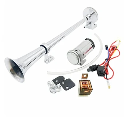 Image of YIYIDA Air Horn 24V 150dB Car Silver 45cm Loudspeaker Chrome Zinc Single Trumpet Truck with Compressor Pump for Any Vehicles Cars Lorry Train Boat Motorcycle ect