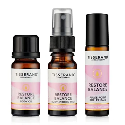 Image of Tisserand Aromatherapy Restore Balance Discovery Kit Roller Ball, Body Oil &amp; Mist Perimenopause, Menopause Menstruation Support Women Rose, Clary Sage Geranium Natural Essential Oils