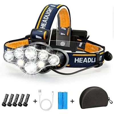 Image of Hyted Head Torch Rechargeable, Super Bright 18000 Lumens Headlight, Waterproof with Red Warning Lights Headlamp, 8 Led Modes for Cycling Running Camping