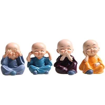 Image of 4Pcs Monks Figurine Statue, Wise Resin Hear No Evil See Speak Do EvilStatue Wealth Lucky Car Home Desk Baby Buddha Decor Gift