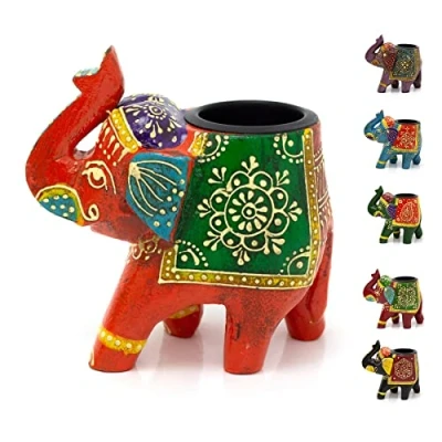 Image of Hand Painted Indian Elephant Tealight Holder Decorative Wooden Tea Light Candle Ornament Colour Varies One Supplied