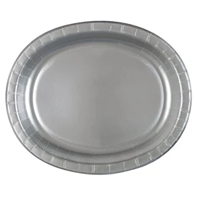 Image of Silver Solid Oval Paper Plates (30cm) Pack of 8 Elegant &amp; Durable Dinnerware for Parties, Events, and Everyday Use