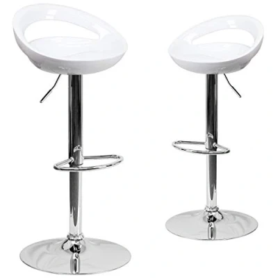 Image of Flash Furniture Wilson 2 Pack Contemporary White Plastic Adjustable Height Barstool with Rounded Cutout Back and Chrome Base