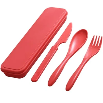 Image of Portable Cutlery Set with Case, Reusable Plastic Knife Fork Spoon Tableware Set, Travel Utensils for Camping Picnic Office School or Daily Use (Red)