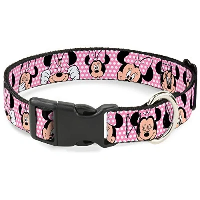 Image of Buckle Down Plastic Clip Collar Minnie Mouse Expressions Polka Dot Pink/White 1.5&quot; Wide Fits 18 32&quot; Neck Large
