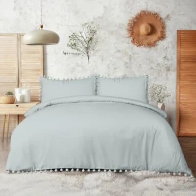 Image of Sleepdown Pom Duck Egg Luxury Easy Care Plain Duvet Cover Quilt Bedding Set with Pillowcases King (220cm x 230cm), Polyester, Duckegg