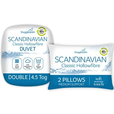 Image of Snuggledown Classic Hollowfibre Double Duvet 4.5 Tog Lightweight Cool Summer Quilt for Night Sweats, 2 Medium Pillows Soft Touch Cover, Hypoallergenic, Machine Washable, Size (200cm x 200cm)