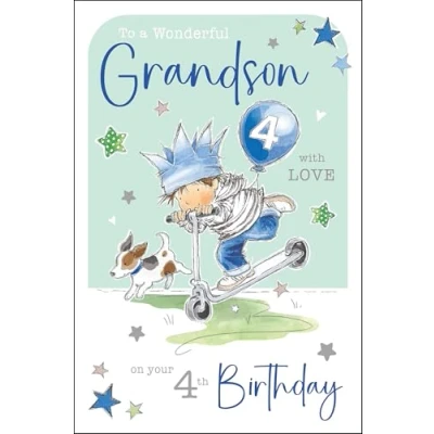 Image of Jonny Javelin Wonderful Grandson 4th Birthday Card Happy Age 4 with Boy, Dog and Scooter Design Foil Flitter Details for Children