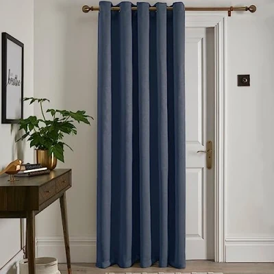 Image of Fusion Blue Single Curtain W66 x L84 (168 214cm) 1x Panel Eyelet in Dark Thermal for Bedroom/Living Room Navy &amp; Drape Door Strata Collection