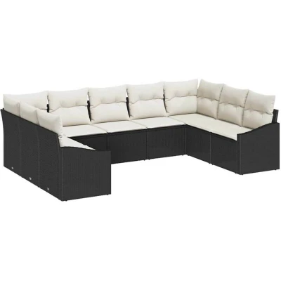 Image of vidaXL 9 Piece Garden Dining Set with Cushions in Black Poly Rattan