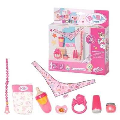 Image of BABY Born Starter Set 832851 Accesories For Dolls Toddlers Includes Magic Eyes Dummy &amp; Chain, Nappy, Ring Toy, Powder Bottle, Cream Tube, Bottle Neckerchief