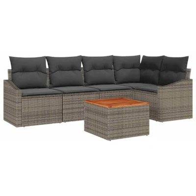 Image of vidaXL 6 Piece Garden Sofa Set with Cushions Grey Poly Rattan Acacia