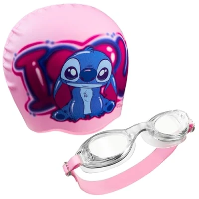 Image of Disney Children&#039;s Swimming Goggles and Cap Set Anti Fog UV Protection (Pink Stitch, 6 14 Years)