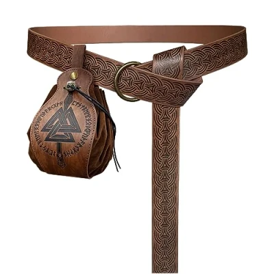 Image of HiiFeuer Medieval Embossed O Ring Belt with Portable Gungnir Drawstring Pouch, Retro Renaissance Faux Leather and Purse Set for LARP (Brown B)