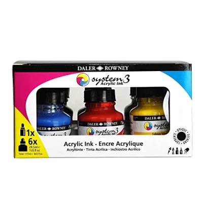 Image of Daler Rowney System3 Acrylic Ink Set, 6 x 29.5ml Bottles &amp; 1 FW Mixed Media Marker, Assorted Colours, Ideal for Professional Artists Students