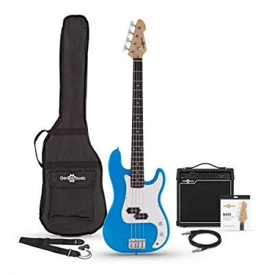 Image of Bass Guitar LA by Gear4music Blue with 15W Amp Gig Bag and Cable