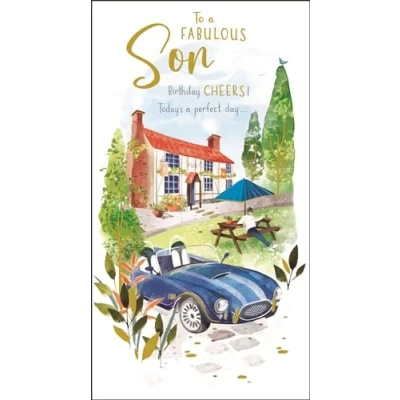 Image of Son Birthday Card Fabulous Vintage Car Design Special Finishes and Illustrated Insert Leaf Made in the UK