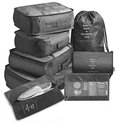 Image of Travel Packing Cubes, Toifucos Multifunction 8pcs/set Cubes Luggage Organiser Waterproof Compression Suitcase Bag Essential Bag, Black