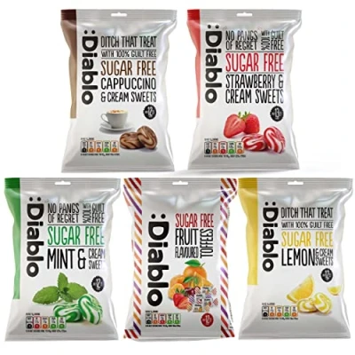 Image of Diablo Sugar Free Retro Variety Pack Sweet Hard Candy Strawberry &amp; Cream, Lemon Cappuccino Mint Fruit Toffee, Gift Box, Birthday, Mother&#039;s Day, Father&#039;s Day 5 x 75g