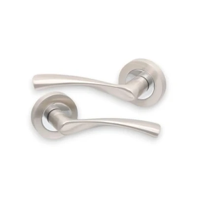 Image of Infinity Decor Pair of Dual Tone Twisted Lever Latch Door Handles on Round Rose Set Interior Pull Ideal for Residential and Office use