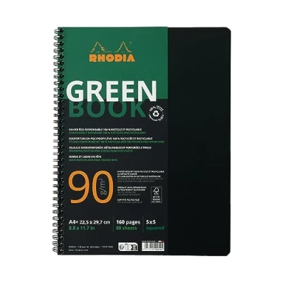 Image of RHODIA 119912C 100% Recycled and Recyclable Greenbook Notebook Black A4+ Small Squares 160 pages 4 Hole Punched 90g Fsc® Clairefontaine Paper Polypro Cover