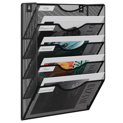 Image of EasyPAG 5 Tier A4 Mesh In Tray Wall Pocket File Holder Mail Organiser Magazine Storage Rack,Black