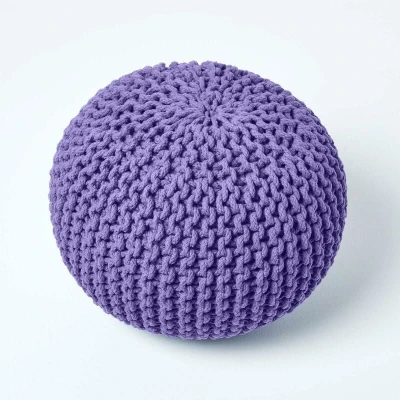 Image of HOMESCAPES Purple Knitted Pouffe Footstool Bean Filled 100% Cotton for Living Room Children or the Elderly