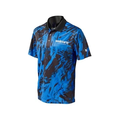 Image of Unicorn Darts Shirt Pro Tech Camo Cool Breathable Soft Feel Micro Mesh 3 Tuk Polyester Blue with Black Collar &amp; White Logo XXXXL to fit Chest 53 56 inches
