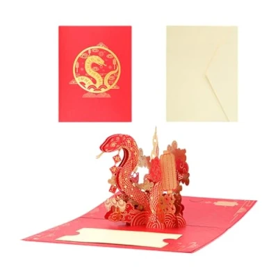 Image of AYPOHU 3D Popup Card For 2025 Chinese New Year Stylish Of The Snake Greeting With Envelope Spring Festival Present