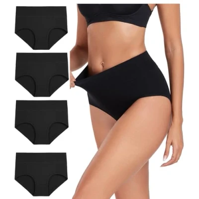 Image of wirarpa Underwear Women High Waist Cotton Knickers Ladies Panties Full Coverage Briefs Underpants Plus Size Dark Black 4 Pack 4XL